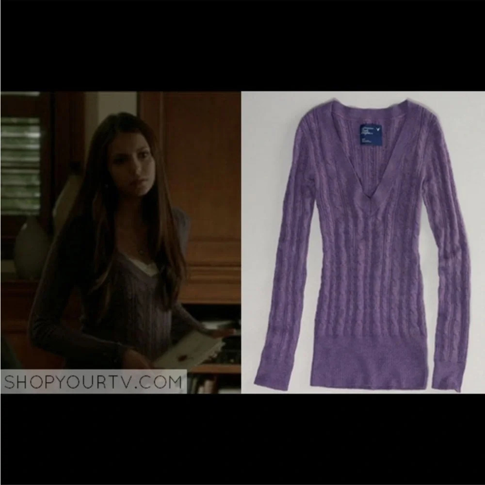 American Eagle Outfitters purple sweater as seen on Elena in The Vampire Diaries